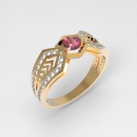 Мужское золотое кольцо с корундом рубин и фианитами