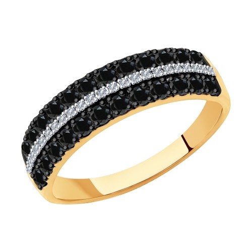 Широкое кольцо с бесцветными и черными бриллиантами из золота 