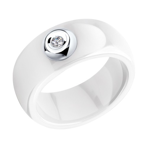 Керамическое белое кольцо с белым золотом и бриллиантом