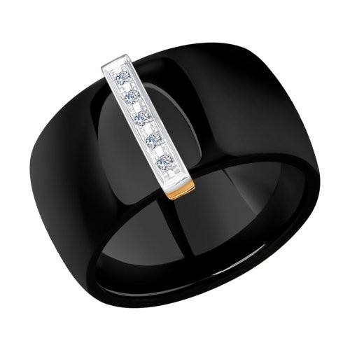 Широкое черное керамическое кольцо с золотом и бриллиантами