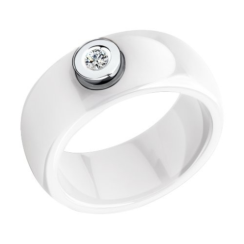Керамическое кольцо с белым золотом и бриллиантом белое