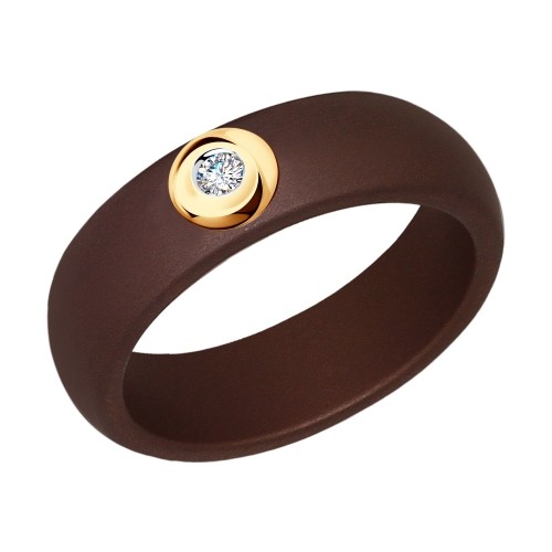 Кольцо керамическое коричневое матовое с золотом и бриллиантом