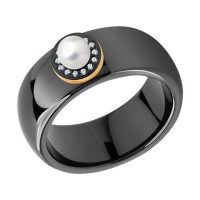 Золотое черное керамическое кольцо с бриллиантами и жемчугом