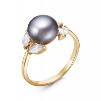 Золоченое серебряное кольцо с жемчугом и фианитами