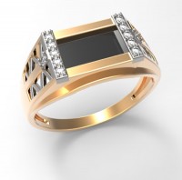 Золотое кольцо печатка с ониксом и фианитами