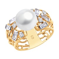 Объемное золотое кольцо с жемчугом и фианитами 