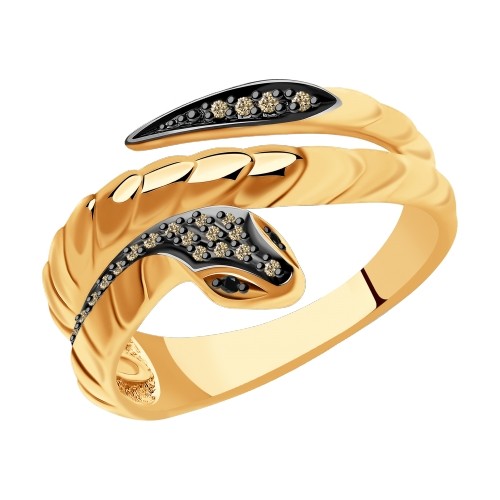 Кольцо с черными и коньяк бриллиантами из красного золота