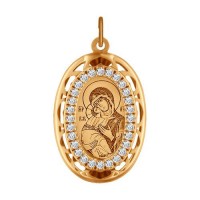 Нательная иконка Божьей Матери из золота с фианитами  