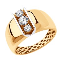 Широкое объемное кольцо из золота с фианитами бесцветными            