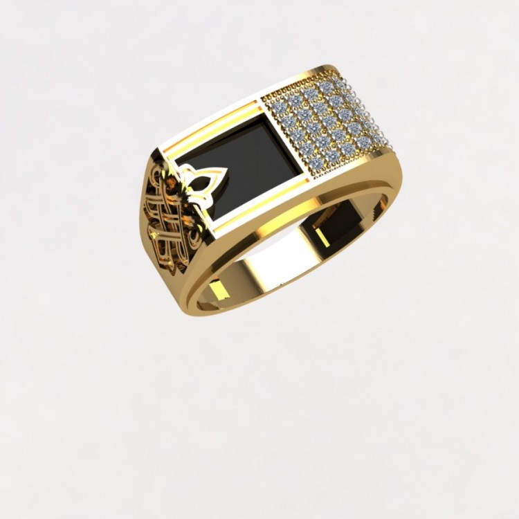 Мужское кольцо из золота с фианитами и ониксом
