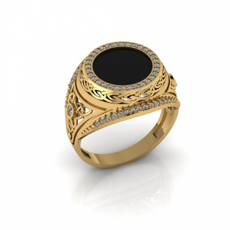Золотое мужское кольцо печатка с ониксом 
