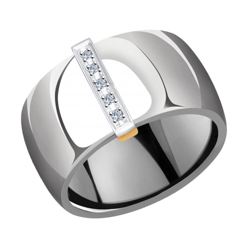 Широкое керамическое кольцо металлик с золотом и бриллиантами 