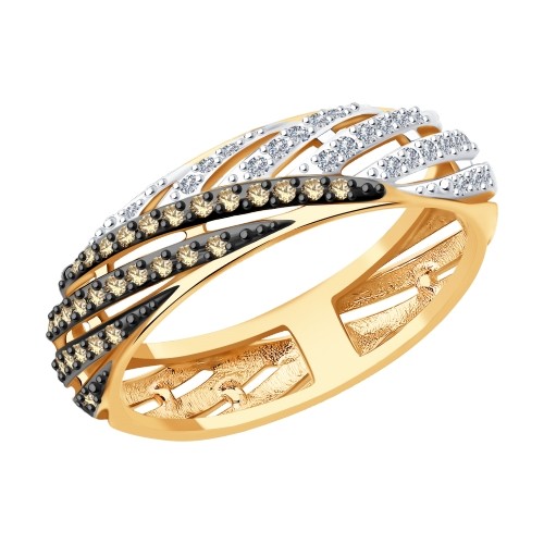 Кольцо с бесцветными и коньяк бриллиантами из золота