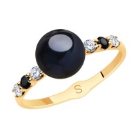 Золотое кольцо с черным жемчугом и фианитами