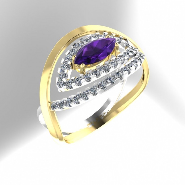 Стильное кольцо из золота с фиолетовым аметистом и фианитами