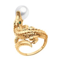 Золотое кольцо Аллигатор с жемчугом и агатами