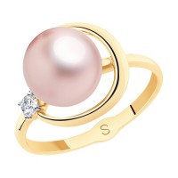 Золотое кольцо с розовым жемчугом и фианитом