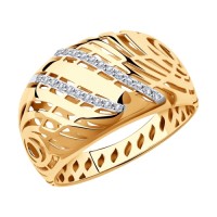 Широкое объемное кольцо из золота с фианитами бесцветными     