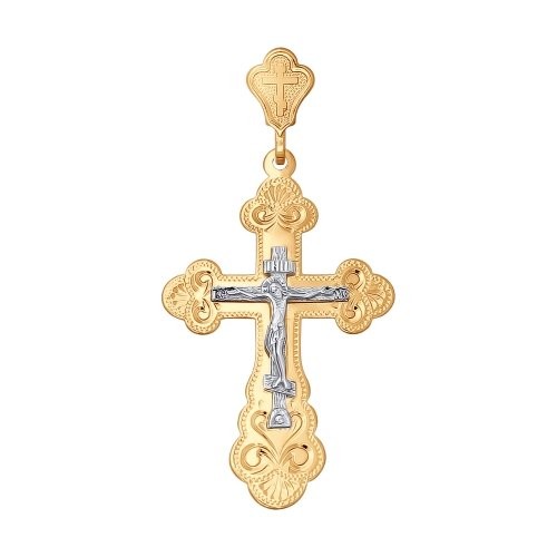 Нательный крестик из комбинированного золота с гравировкой         