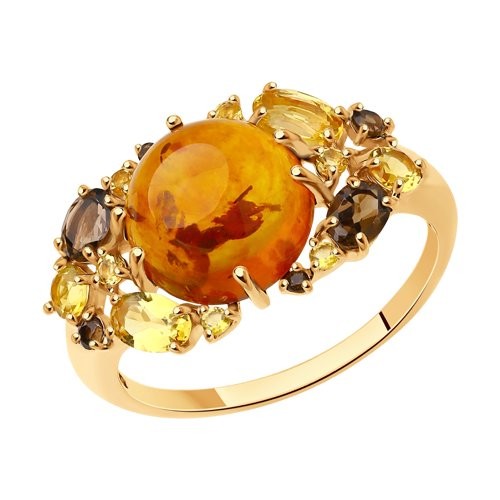 Кольцо золотое с янтарем прессованным,цитринами и раухтопазами
