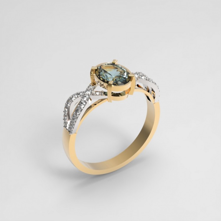Золотое кольцо с голубым топазом и фианитами