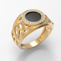 Мужское золотое кольцо печатка с ониксом и фианитами