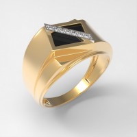 Мужское золотое кольцо печатка с ониксом и фианитами 