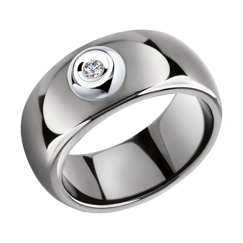 Керамическое кольцо металлик с бриллиантом и белым золотом